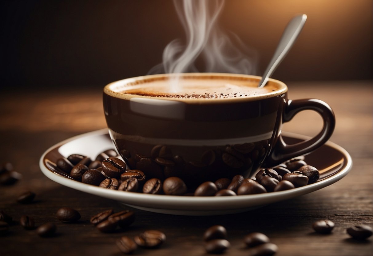 A steaming cup of double espresso sits on a saucer, surrounded by coffee beans and a decorative spoon