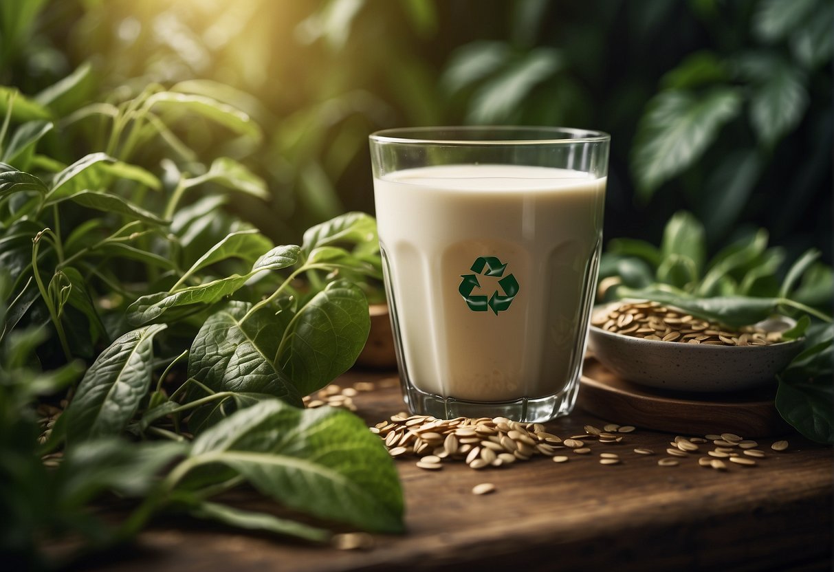 A glass of oat milk surrounded by green plants and a recycling symbol